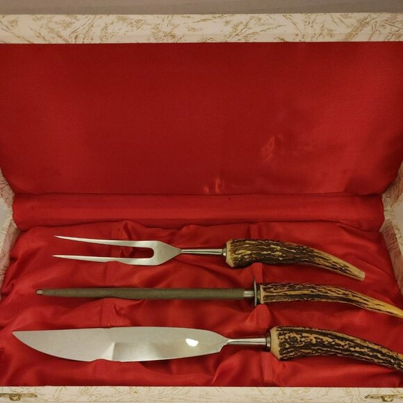 Vintage Anton Wingen Jr. Solingen Germany Rostfrei Stag Handle Carving Set. E3 - Picture 1 of 11